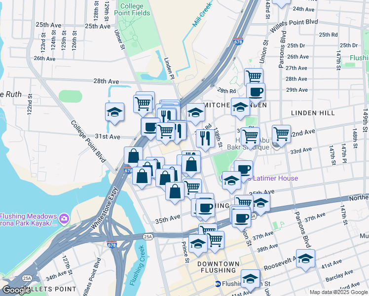 map of restaurants, bars, coffee shops, grocery stores, and more near 31-21 Farrington Street in Queens
