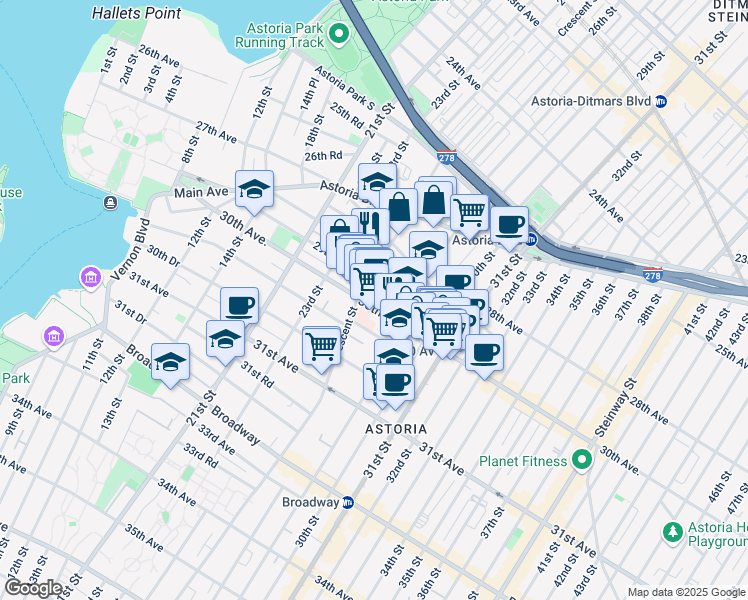 map of restaurants, bars, coffee shops, grocery stores, and more near 25-15 30th Avenue in Queens