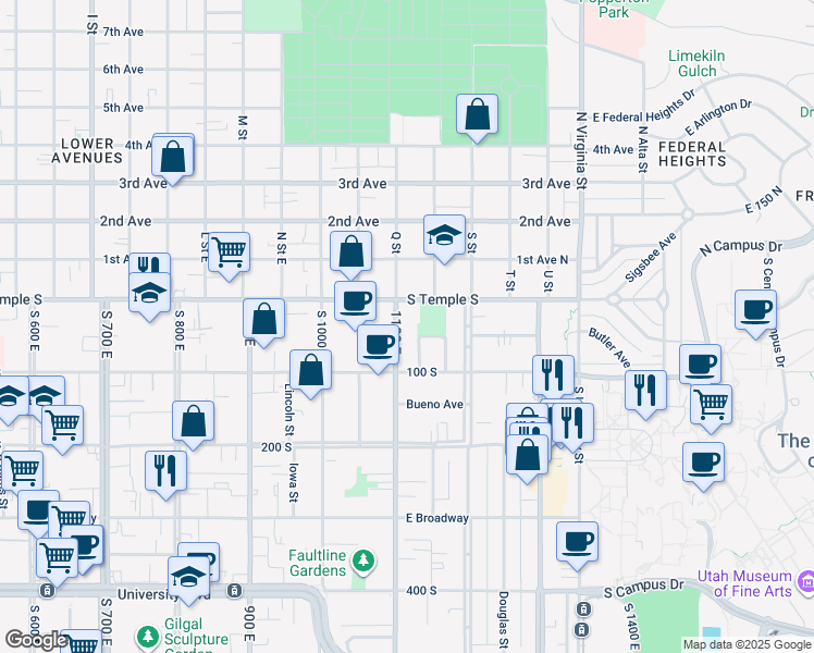 map of restaurants, bars, coffee shops, grocery stores, and more near 25 South 1100 East in Salt Lake City