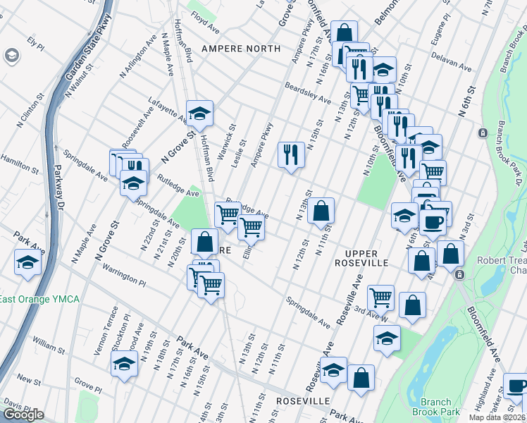 map of restaurants, bars, coffee shops, grocery stores, and more near 81 Ellington Street in East Orange
