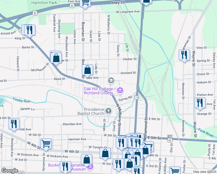 map of restaurants, bars, coffee shops, grocery stores, and more near 375 North Mulberry Street in Mansfield