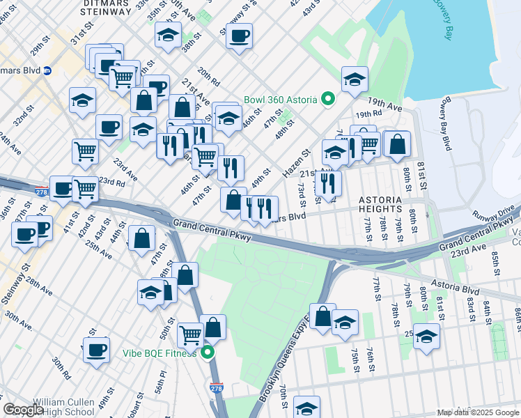 map of restaurants, bars, coffee shops, grocery stores, and more near 21-63 Hazen Street in Queens