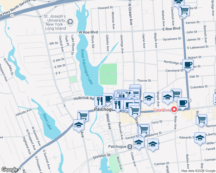 map of restaurants, bars, coffee shops, grocery stores, and more near 9 Lake Court in Patchogue