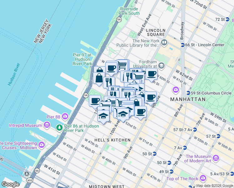 map of restaurants, bars, coffee shops, grocery stores, and more near 556 West 55th Street in New York