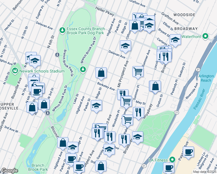 map of restaurants, bars, coffee shops, grocery stores, and more near 25 Berkeley Avenue in Newark