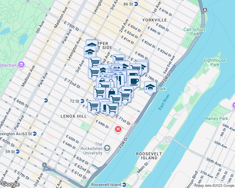 map of restaurants, bars, coffee shops, grocery stores, and more near 410 East 74th Street in New York