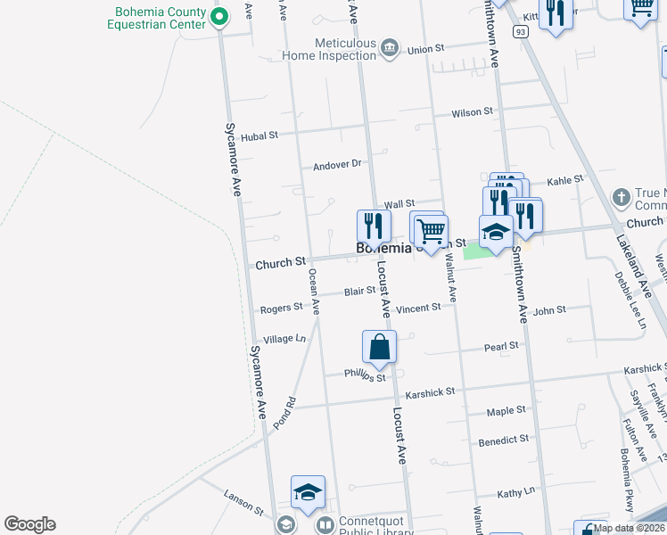map of restaurants, bars, coffee shops, grocery stores, and more near 822 Church Street in Bohemia