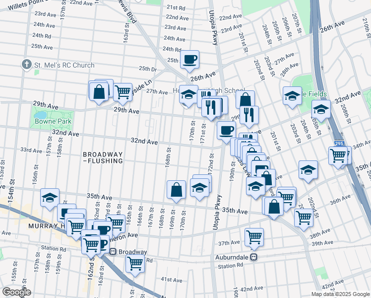 map of restaurants, bars, coffee shops, grocery stores, and more near 169-20 32nd Avenue in Queens