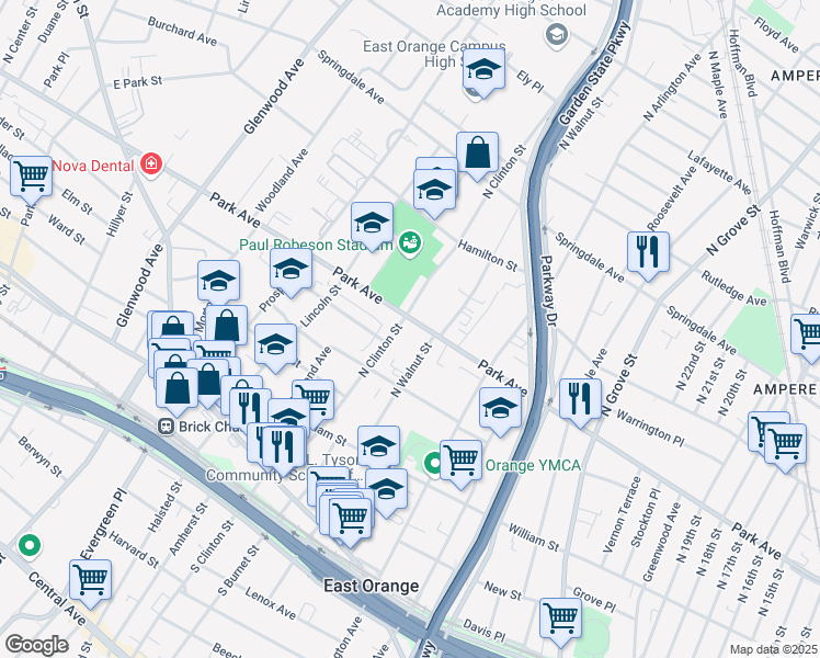 map of restaurants, bars, coffee shops, grocery stores, and more near 413 Park Ave in East Orange