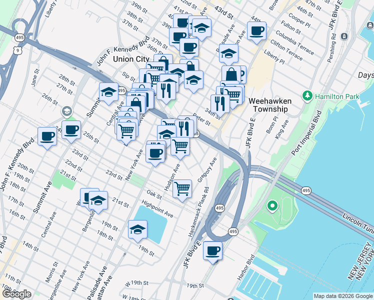 map of restaurants, bars, coffee shops, grocery stores, and more near 562 Hudson Avenue in Weehawken Township