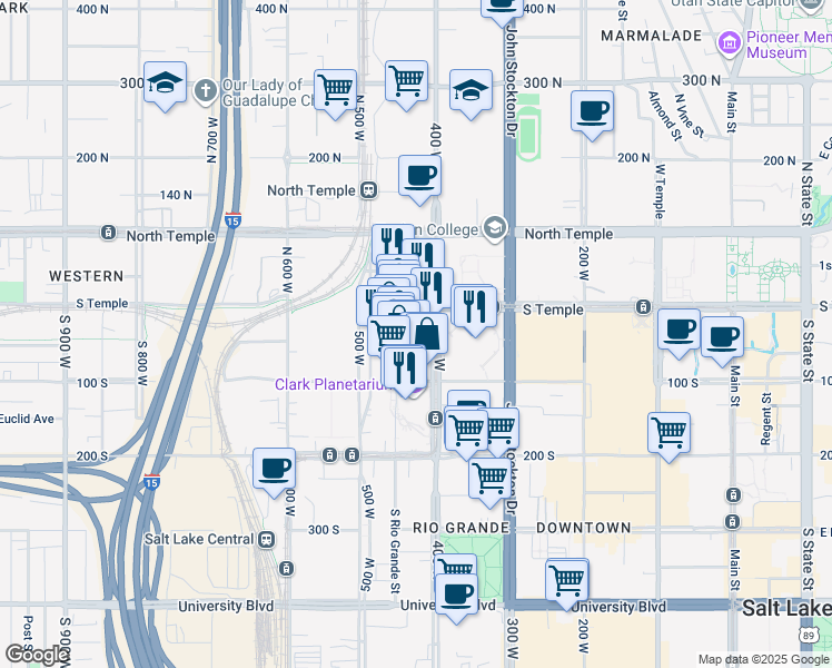 map of restaurants, bars, coffee shops, grocery stores, and more near 18 North Rio Grande Street in Salt Lake City