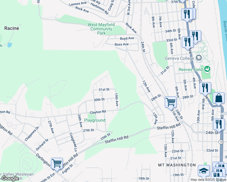map of restaurants, bars, coffee shops, grocery stores, and more near 3011 19th Avenue in Beaver Falls
