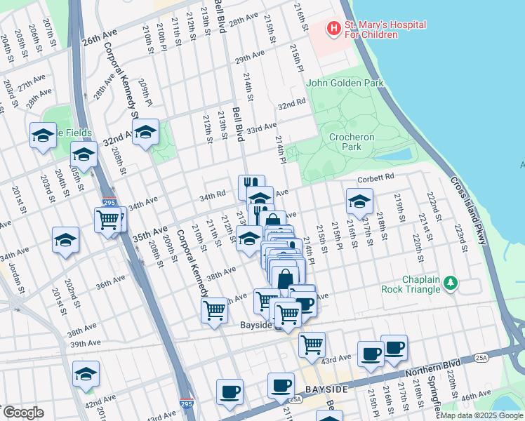 map of restaurants, bars, coffee shops, grocery stores, and more near 35-13 Bell Boulevard in Queens