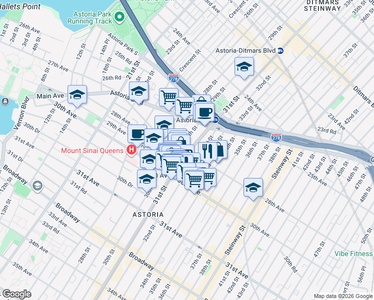 map of restaurants, bars, coffee shops, grocery stores, and more near 25-90 31st Street in Queens