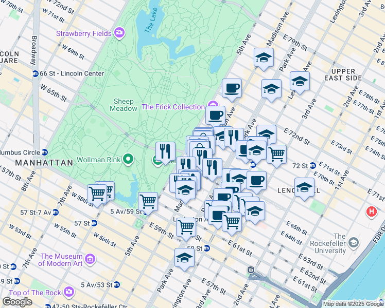 map of restaurants, bars, coffee shops, grocery stores, and more near 3 East 66th Street in New York