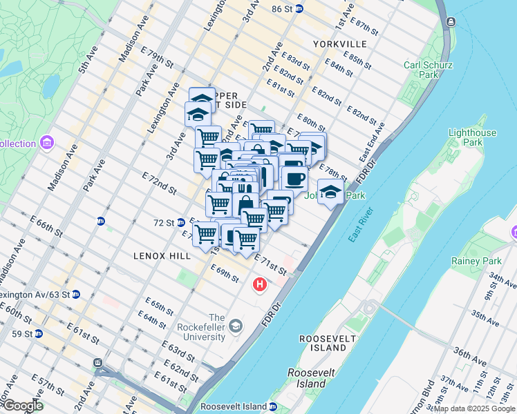 map of restaurants, bars, coffee shops, grocery stores, and more near 402 East 74th Street in New York