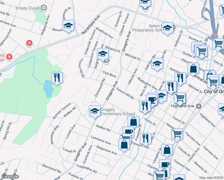 map of restaurants, bars, coffee shops, grocery stores, and more near 248 Gregory Avenue in West Orange