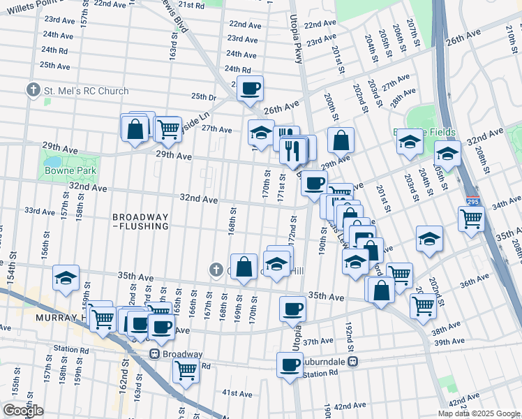 map of restaurants, bars, coffee shops, grocery stores, and more near 169-20 32nd Avenue in Queens