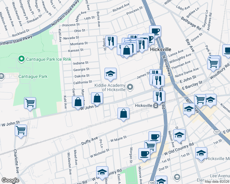 map of restaurants, bars, coffee shops, grocery stores, and more near 16 Milton Street in Hicksville