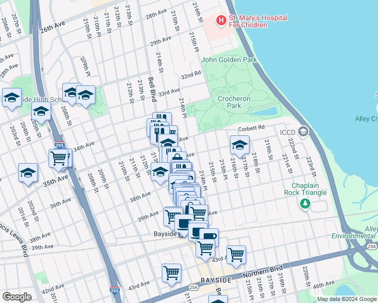 map of restaurants, bars, coffee shops, grocery stores, and more near 214-03 36th Avenue in Queens