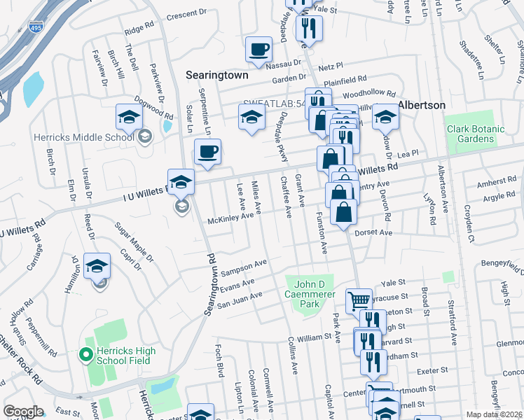 map of restaurants, bars, coffee shops, grocery stores, and more near 98 McKinley Avenue in Albertson