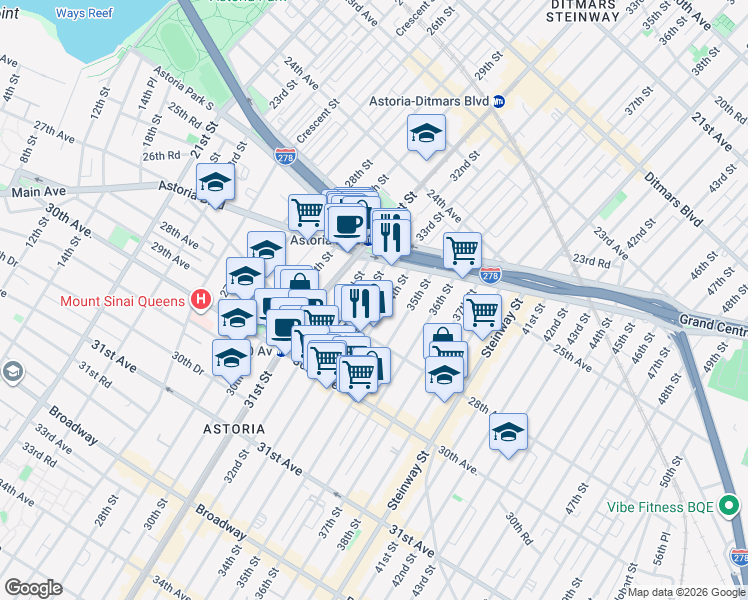 map of restaurants, bars, coffee shops, grocery stores, and more near 25-43 33rd Street in Queens