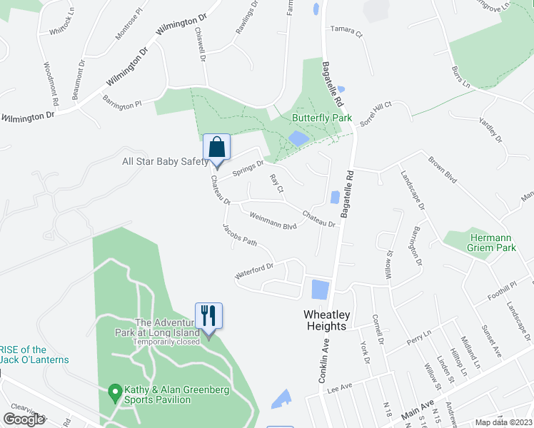 map of restaurants, bars, coffee shops, grocery stores, and more near 5 Weinmann Boulevard in Melville