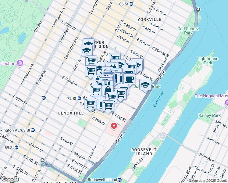 map of restaurants, bars, coffee shops, grocery stores, and more near 412 East 74th Street in New York