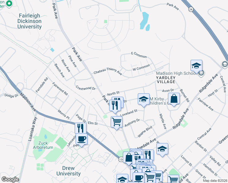 map of restaurants, bars, coffee shops, grocery stores, and more near 28 North Street in Madison