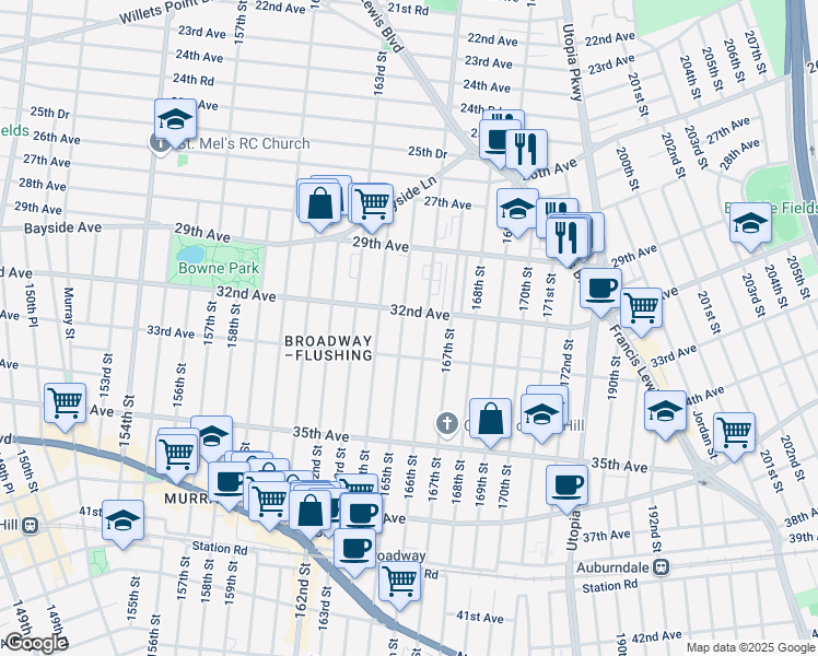 map of restaurants, bars, coffee shops, grocery stores, and more near 32-20 165th Street in Queens