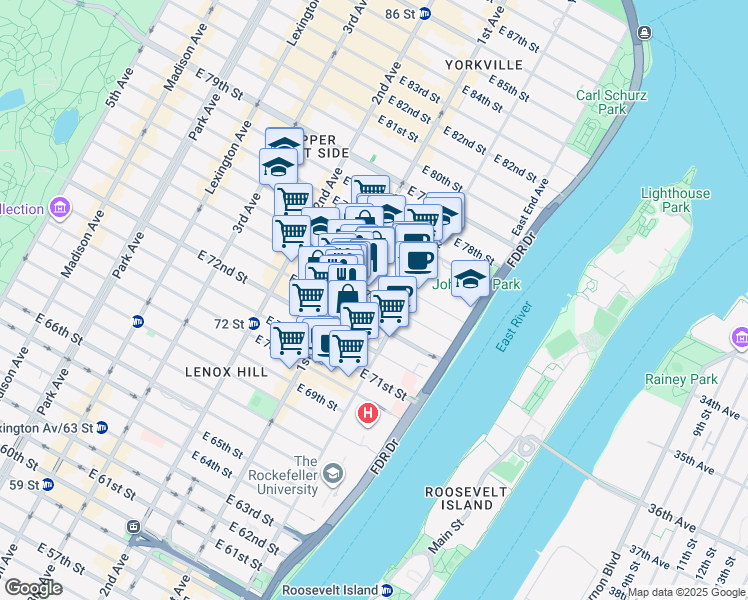 map of restaurants, bars, coffee shops, grocery stores, and more near 418 East 74th Street in New York