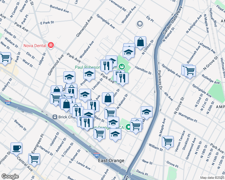 map of restaurants, bars, coffee shops, grocery stores, and more near 12 Melmore Gardens in East Orange