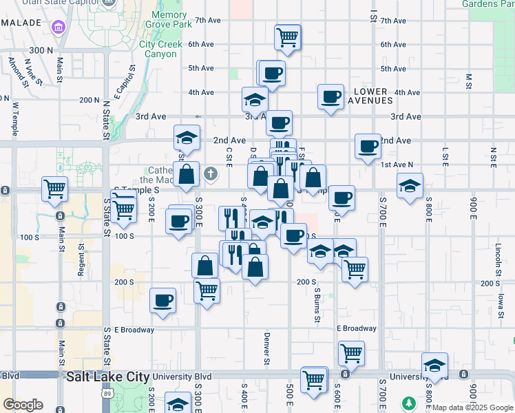 map of restaurants, bars, coffee shops, grocery stores, and more near 420 East South Temple Street in Salt Lake City