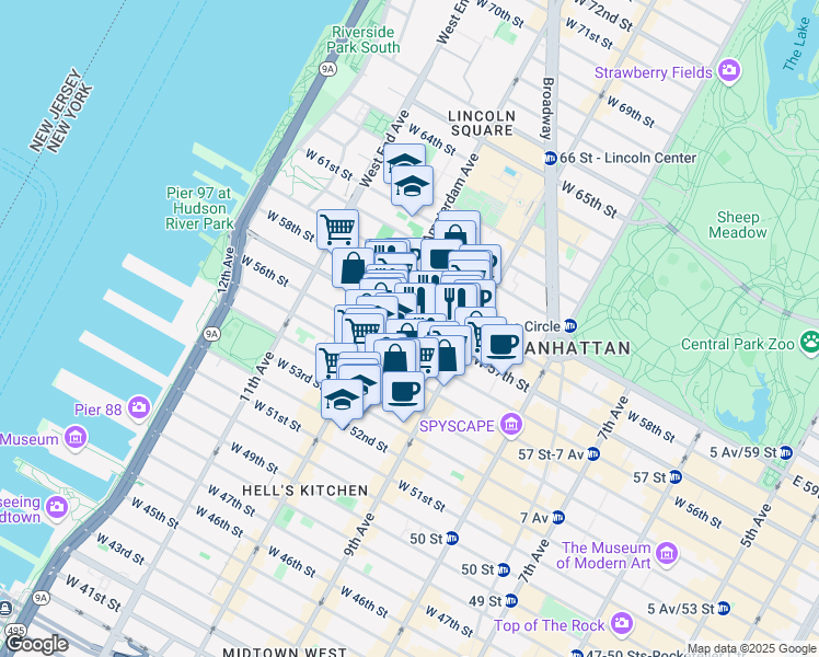 map of restaurants, bars, coffee shops, grocery stores, and more near 425 West 57th Street in New York