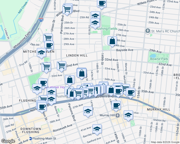 map of restaurants, bars, coffee shops, grocery stores, and more near 147-18 33rd Avenue in Queens