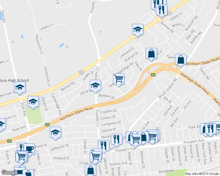 map of restaurants, bars, coffee shops, grocery stores, and more near 814 Eastfield Road in Westbury