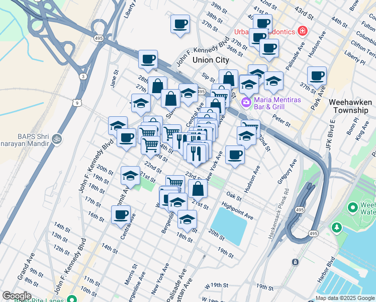 map of restaurants, bars, coffee shops, grocery stores, and more near 508 25th Street in Union City