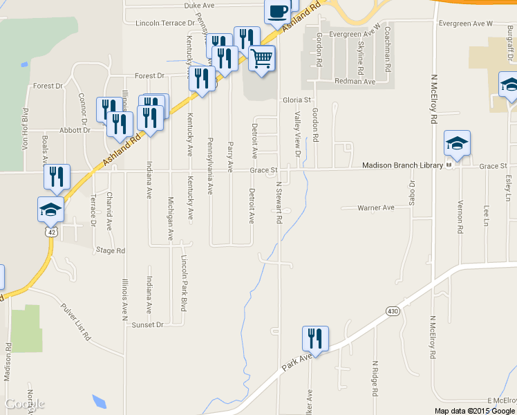 map of restaurants, bars, coffee shops, grocery stores, and more near 386 Detroit Avenue in Mansfield