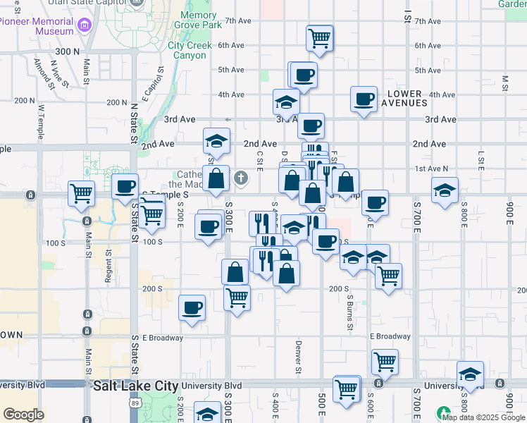 map of restaurants, bars, coffee shops, grocery stores, and more near 26 South 400 East in Salt Lake City
