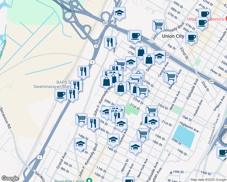 map of restaurants, bars, coffee shops, grocery stores, and more near 928 21st Street in Union City