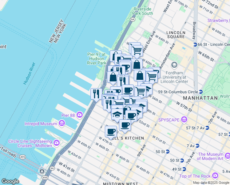 map of restaurants, bars, coffee shops, grocery stores, and more near 594 West 54th Street in New York