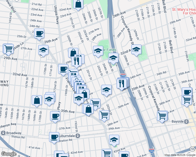 map of restaurants, bars, coffee shops, grocery stores, and more near 202-2 33rd Avenue in Queens