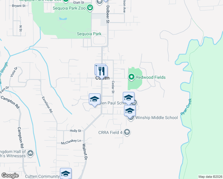 map of restaurants, bars, coffee shops, grocery stores, and more near 4066 Cedar Street in Eureka
