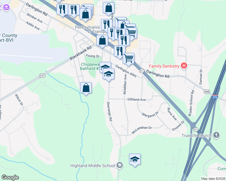 map of restaurants, bars, coffee shops, grocery stores, and more near 616 Shenango Rd in Beaver Falls