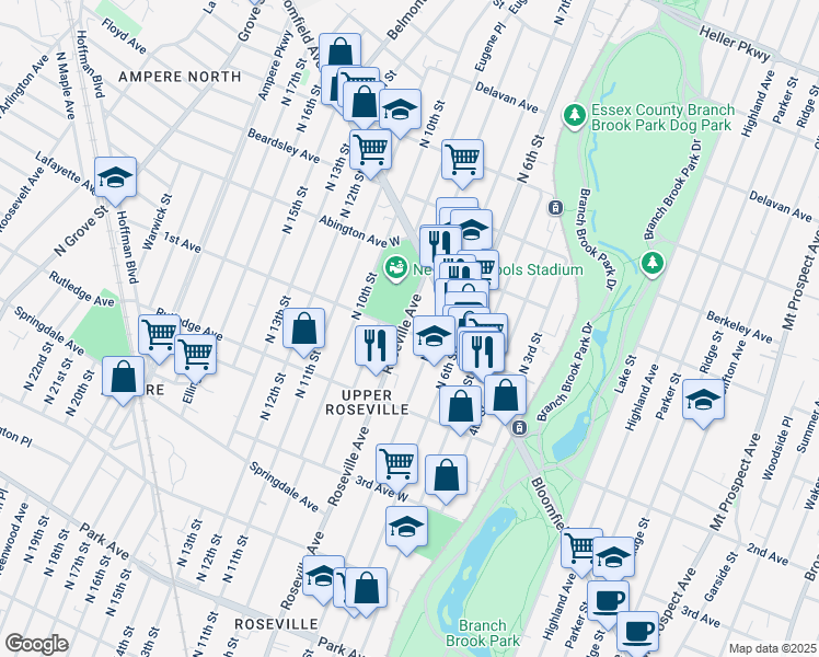 map of restaurants, bars, coffee shops, grocery stores, and more near 517 Roseville Avenue in Newark