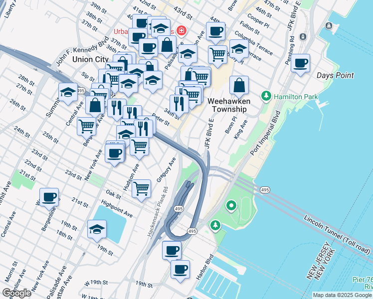 map of restaurants, bars, coffee shops, grocery stores, and more near North Marginal Highway in Weehawken