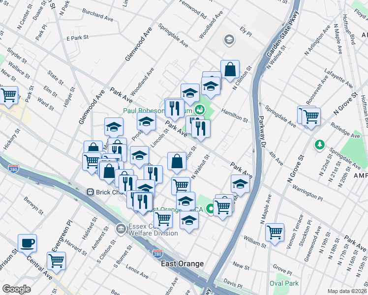 map of restaurants, bars, coffee shops, grocery stores, and more near 14 Melmore Gardens in East Orange