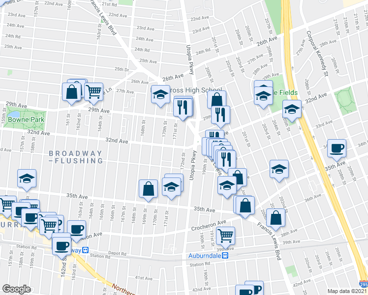 map of restaurants, bars, coffee shops, grocery stores, and more near 32nd Ave & 172nd St in Queens