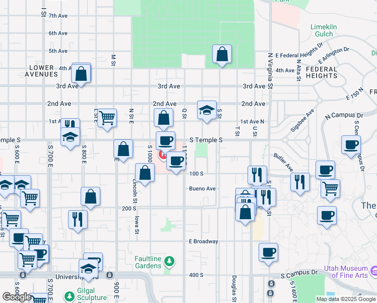 map of restaurants, bars, coffee shops, grocery stores, and more near 33 1100 East in Salt Lake City