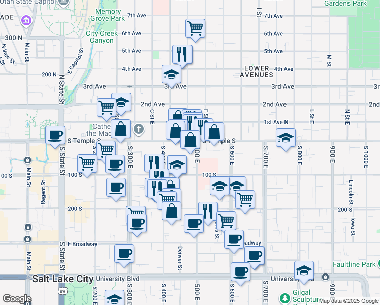 map of restaurants, bars, coffee shops, grocery stores, and more near 34 500 East in Salt Lake City